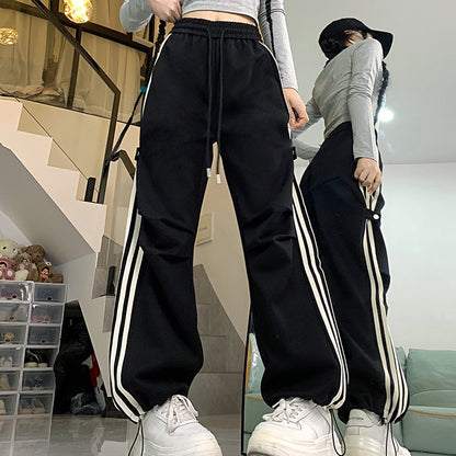 Wide-Leg Overalls Women Loose-Fit Straight Casual Stripe Cargo Pants