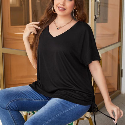 Women Plus Size Casual Solid Color Short Sleeve Drawstring Top