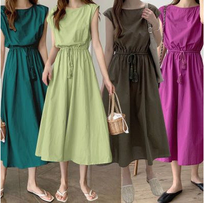 Women Fashion Minimalist Casual Solid Color Round Neck Short-Sleeve Drawstring Dress