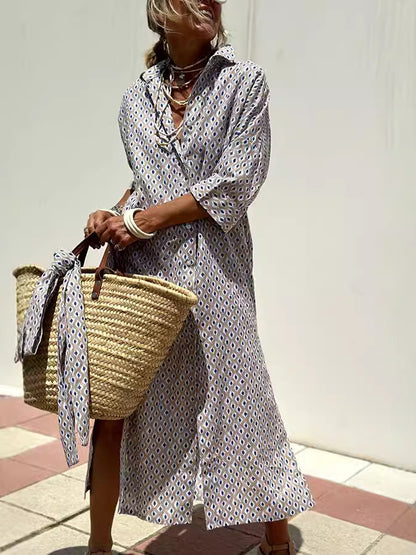 Women Fashion Casual Stripe Diamond Print Long Sleeve Shirt Dress