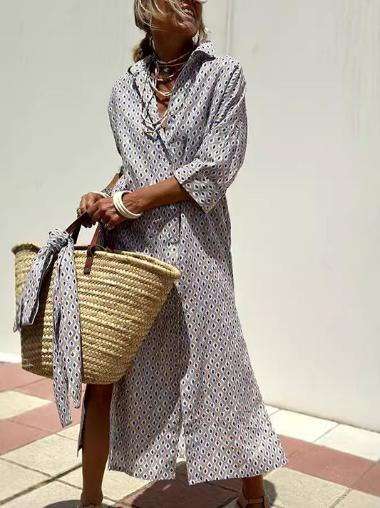 Women Fashion Casual Stripe Diamond Print Long Sleeve Shirt Dress