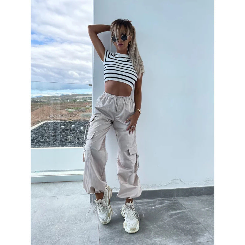 Summer Women Casual Multi-Pocket Solid Color Middle-Waisted Straight Jogger Pants