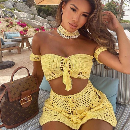 Two Piece Set Summer Beach Dress Hand Knitted Hollow Out Crop Top Mini Skirt Sheer Fishnet Cover Up Casual Suits