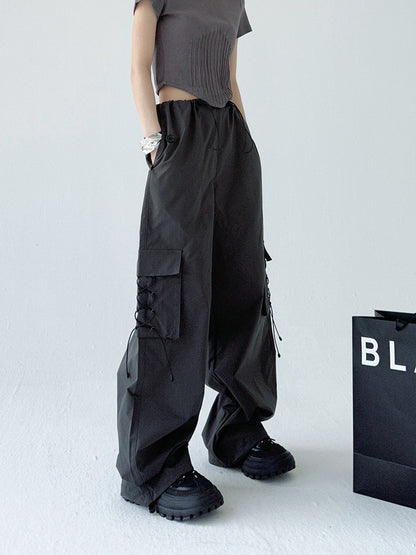 Street Fashion Women Khaki Casual Loosewide Leg Pocket Cargo Pants