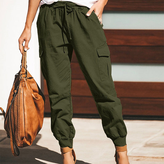 Pantalones cargo casuales de color sólido con bolsillos para mujer