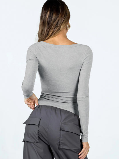 Camiseta de punto informal de manga larga con cuello en U y color liso para mujer
