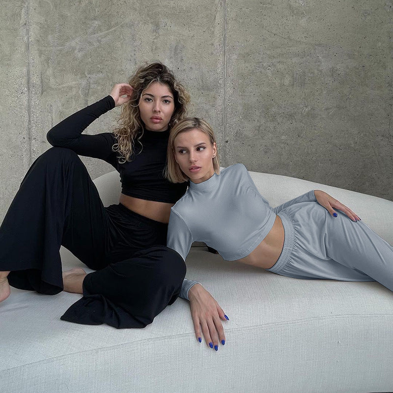 Casual Basic Home Sports Women Fashion Solid Wide Leg Pants Long Sleeve Crop Top Set