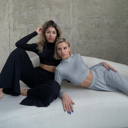 Casual Basic Home Sports Women Fashion Solid Wide Leg Pants Long Sleeve Crop Top Set