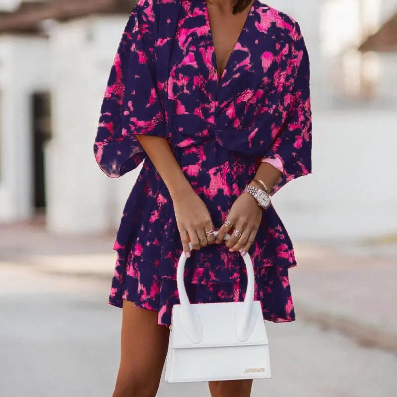 Women Fashion Casual Boho Style V-Neck Loose Dolman Sleeve Graphic Printed Dress