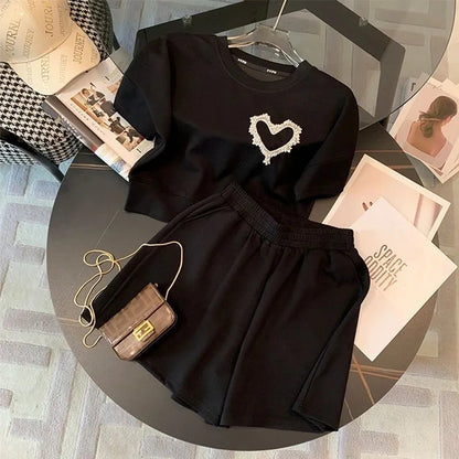 Solid Color Casual Sports Women Summer Fashionable Heart Short-Sleeve T-Shirt Shorts Two-Piece Set