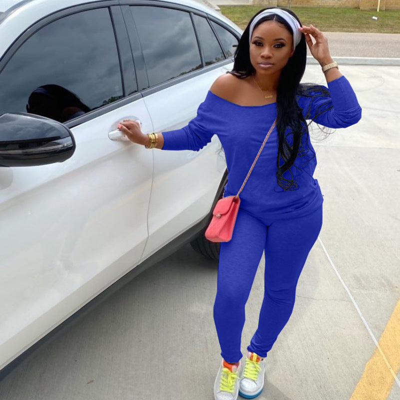 Conjunto deportivo básico de moda para mujer, color liso, manga larga, informal, top y pantalón sin pañuelo