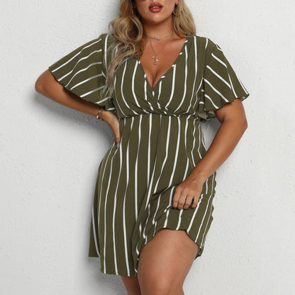 Women Plus Size Stripe V-Neck Short-Sleeved Casual V Neck Dress