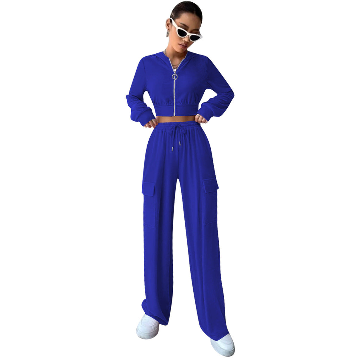 Women Casual Solid Color Long-Sleeved Zipper Top Drawstring Straight Pants Two-Piece Set