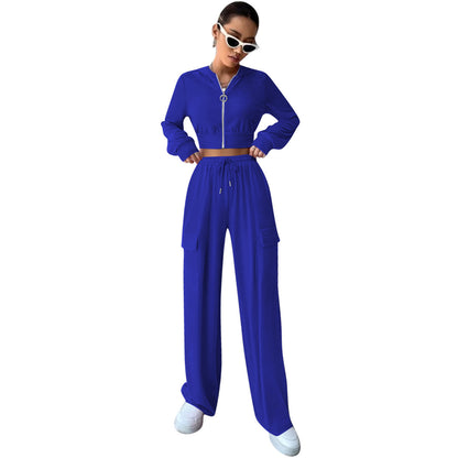 Women Casual Solid Color Long-Sleeved Zipper Top Drawstring Straight Pants Two-Piece Set