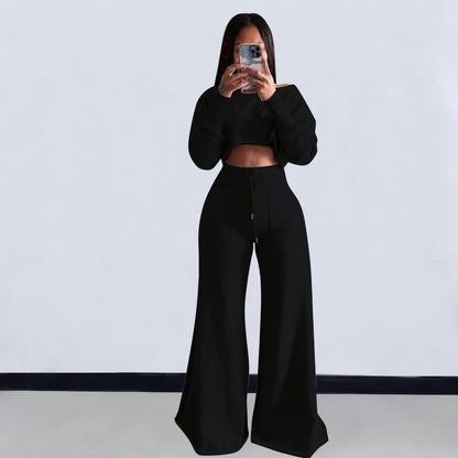 Conjunto de dos piezas de top corto de manga larga y pantalones ajustados de color liso informal para mujer
