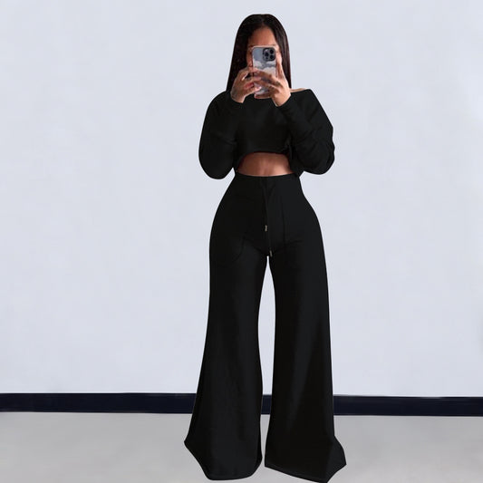 Conjunto de dos piezas de top corto de manga larga y pantalones ajustados de color liso informal para mujer