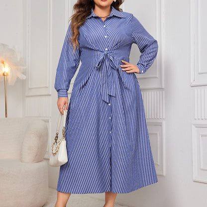 Women Fashion Casual Plus Size Stripe Lace-Up Lap Long Sleeve Shirt Dress
