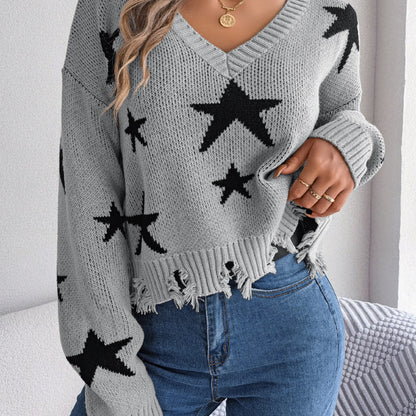 Autumn Winter Women Fashion Casual V-Neck Star Hole Long Sleeve Knitted Sweater