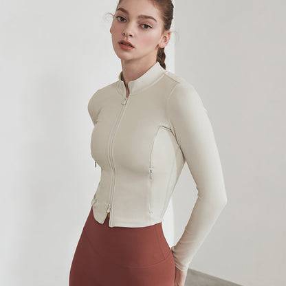 Chaqueta de yoga deportiva informal para mujer, de alta elasticidad, ajustada, con bolsillo y cremallera