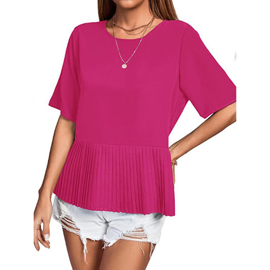 Blusa informal de mujer con cuello redondo, manga corta, dobladillo plisado y color liso