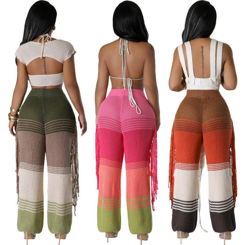 Pantalones rectos holgados con borlas y diseño de bloques de color para mujer, informales, de invierno