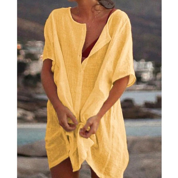 Blusa holgada informal de manga corta para mujer, color liso, para playa y vacaciones