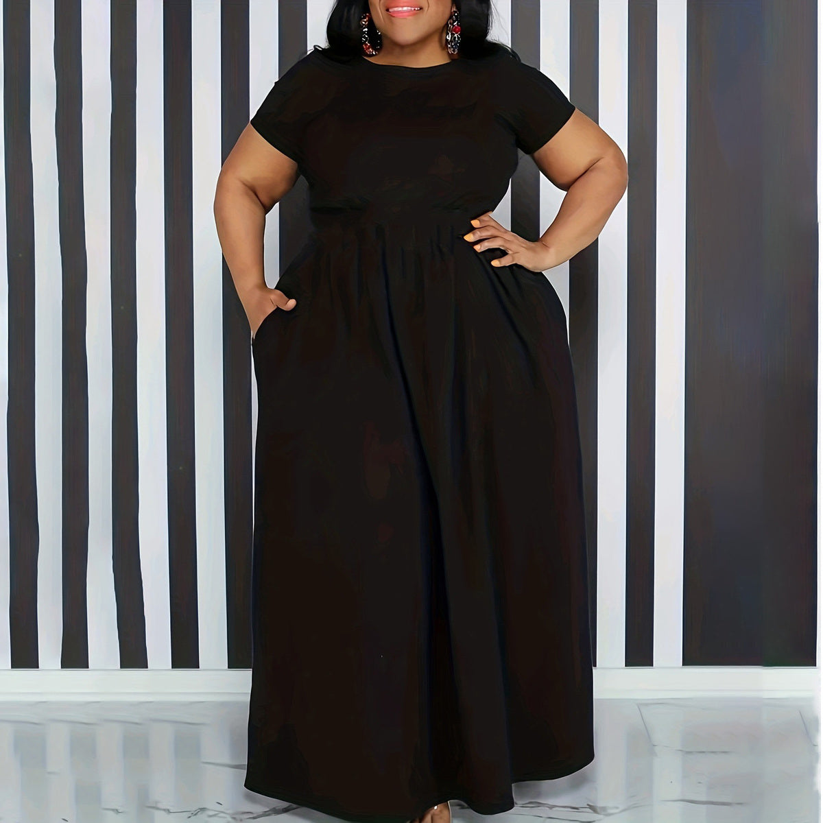 Women Casual Solid Color Tight Waist Short Sleeve Plus Size Dress