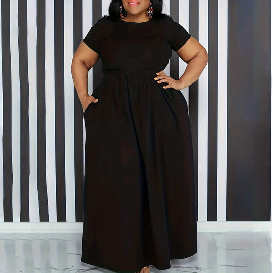Vestido informal de color liso con cintura ajustada y manga corta para mujer, talla grande