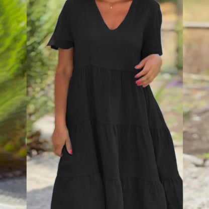 Vestido holgado informal de manga corta con cuello en V para mujer