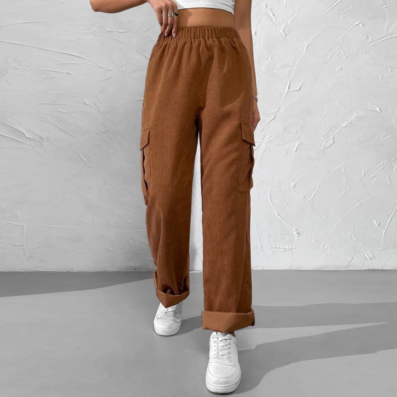 Women Solid Color High Waist Pocket Casual Loose Elastic Pants