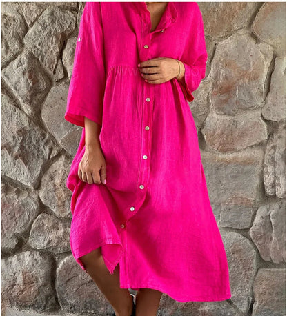 Women'S Fashion Casual Cotton Linen Solid Color Stand Collar Single-Breasted Dress
