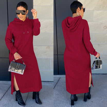 Winter Women Fashion Casual Solid Color Hooded Dress