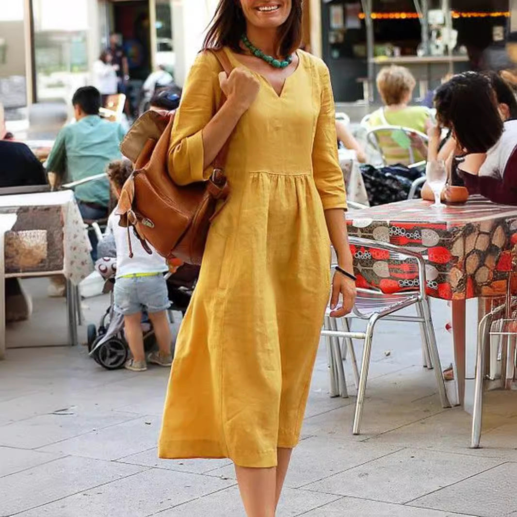 Vestido midi informal de algodón y lino con cuello en V para mujer, talla grande, de verano