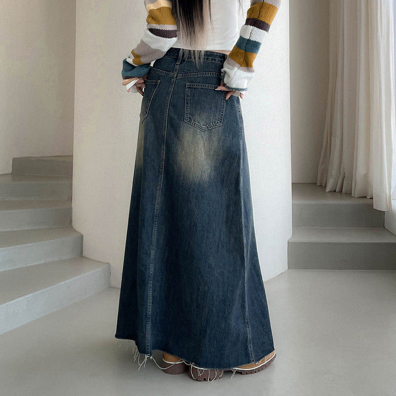 Women Denim Low Waist Loose Casual Long Skirt