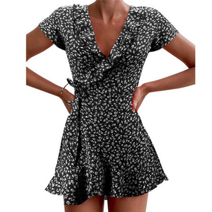 Women'S Fashion Casual Vacation Floral Printing Ruffled Lace-Up Short Sleeve Wrap Dress