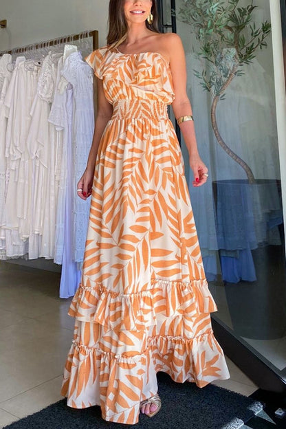 Vestido largo informal con estampado de hojas y cuello barco para mujer, cintura elástica