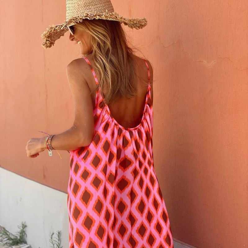 Women Fashion Casual Boho Backless Diamond Print Maxi Dress