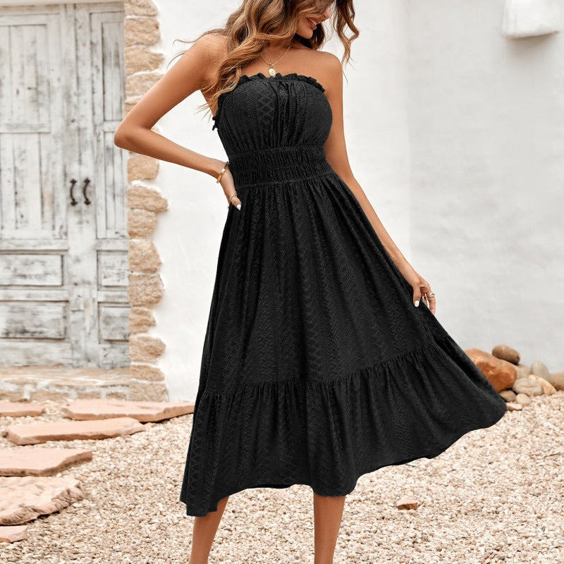 Fashion Tube Top Women Casual Off-shoulder Solid Color Corset Waist Sleeveless Midi Dress