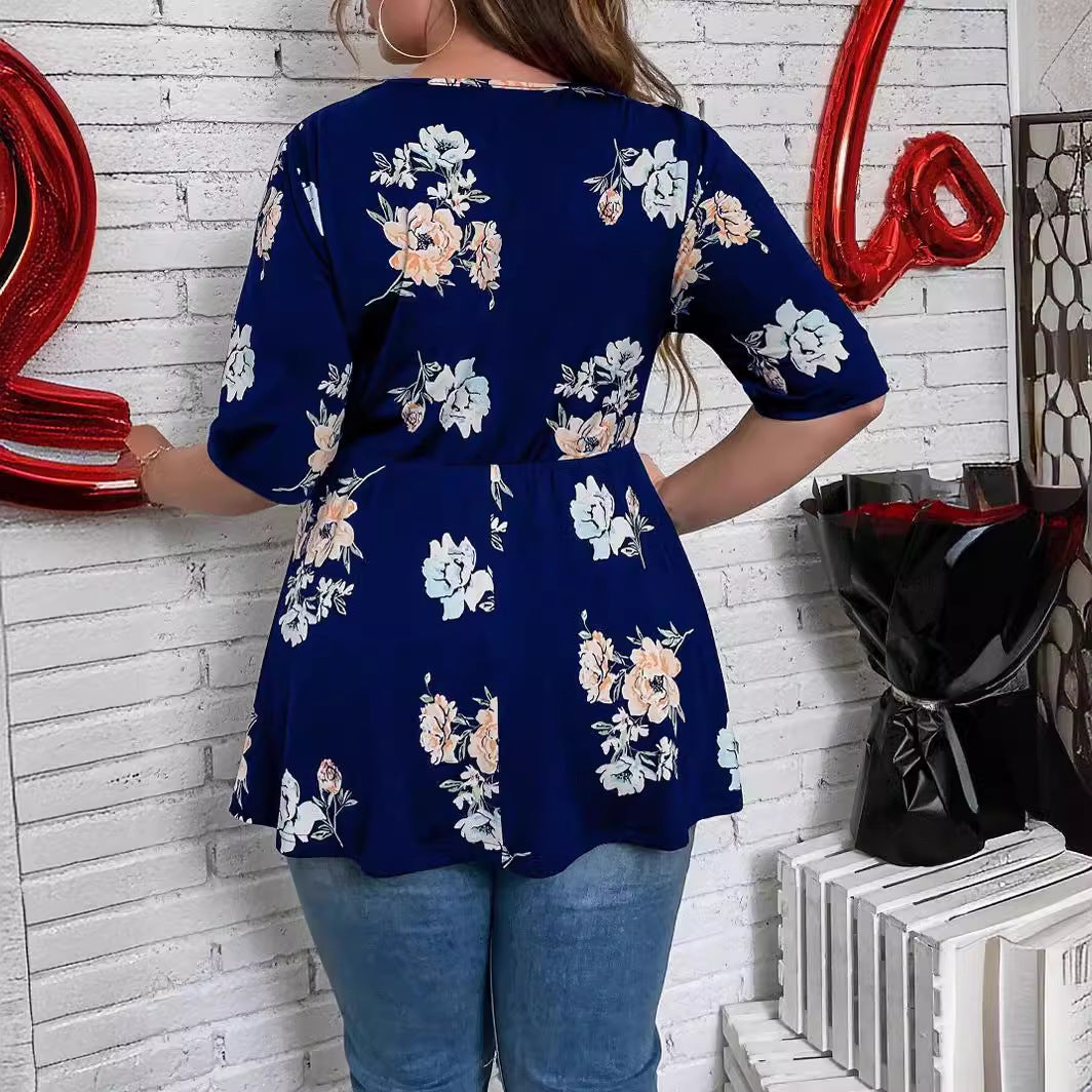 Blusa informal de talla grande con encaje y estampado floral, cuello en V, manga corta y cordones para mujer