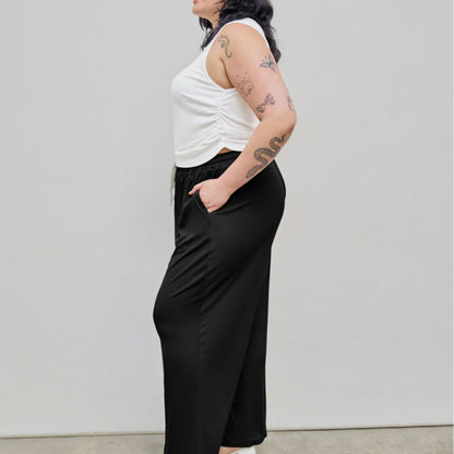 Plus Size Women Elastic Casual Office Drawstring High Waist Straight Trousers