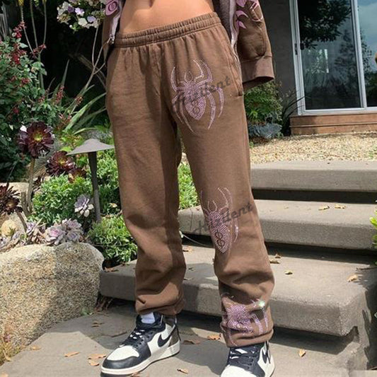 Pantalones deportivos casuales, atrevidos y de cintura alta con diamantes de imitación para mujer