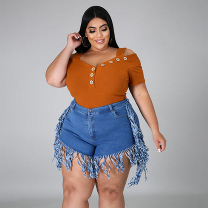 Women Fashion Casual Rothle Tassel Sanding Denim Shorts