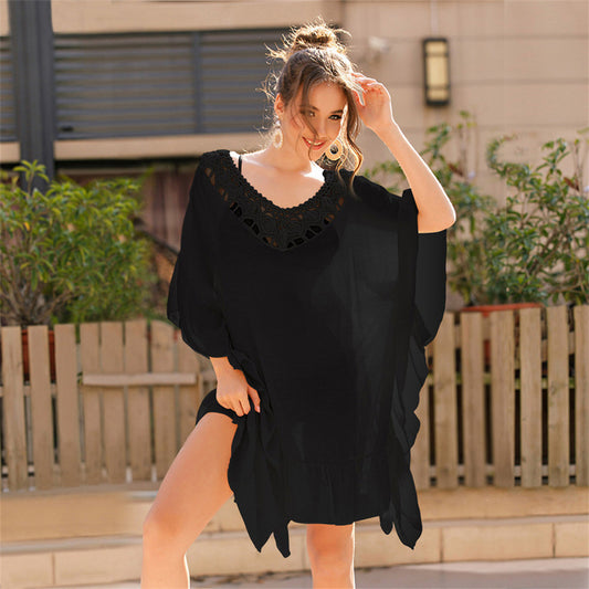 Women Casual Vacation Beach V-Neck Hollow Loose Bikini Cover-Ups