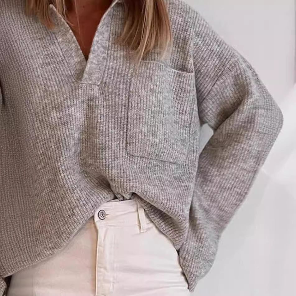 Suéter de punto informal holgado de color liso con bolsillo y solapa para mujer