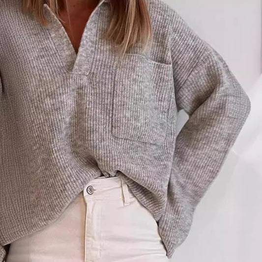 Women Casual Loose Solid Color Lapel Pocket Knitted Sweater