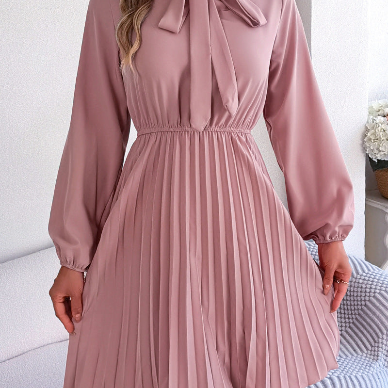 Vestido plisado informal de manga larga con cintura definida y cordones para mujer