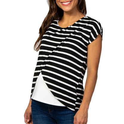 Camiseta de lactancia materna de manga corta con estampado de rayas informal para embarazadas
