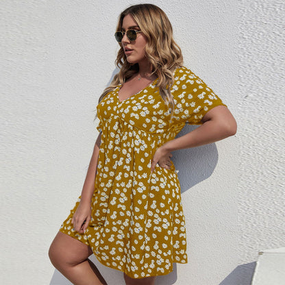 Women Fashion Casual Floral Printing V-Neck Short Sleeve Plus Size Dress