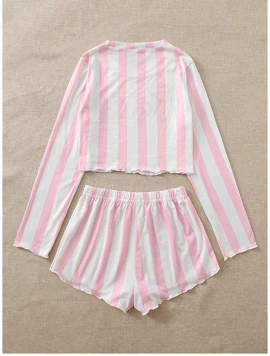 Conjunto de pijama informal para mujer, con estampado de letras y rayas anchas en color rosa, de manga larga, con top corto y pantalones cortos con lazo