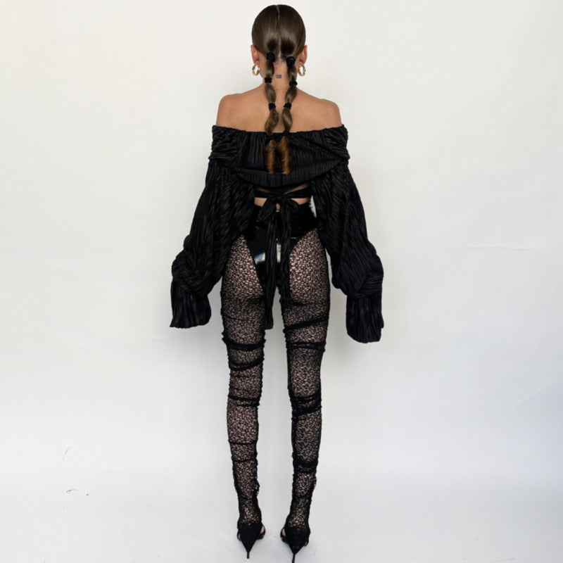 Women Clothes Shiny PU Leather Style Pencil Pant Patchwork See-Through Sexy Casual Long Trousers